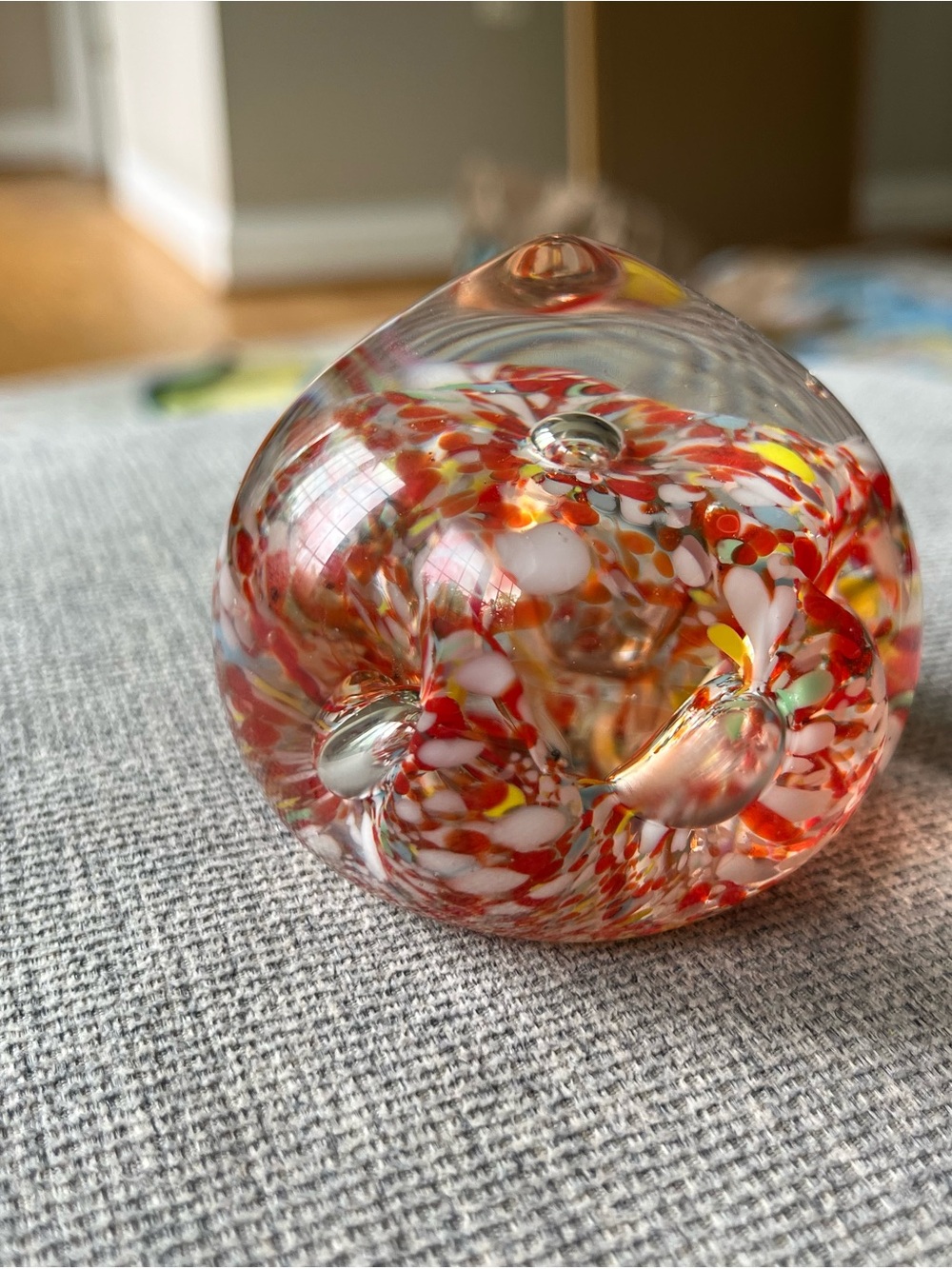 Vintage Murano Style Art Glass Paperweight Red White Millefiori Bubble 2.5”